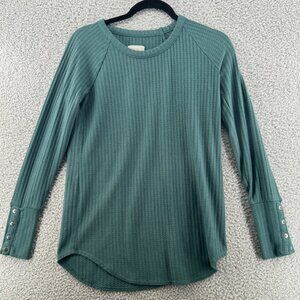 Chaser Women's Green Ribbed Long Sleeve Top W/Button Cuffs Size Small